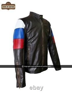 Russian Flag Men's Cafe Racer Brown Cowhide Leather New Distressed Russia Jacket
