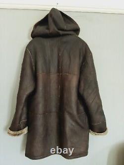 Shearling Sheepskin Jacket Mens Womens Hooded Softshell Distresse Brown Rare S/M