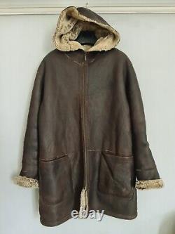 Shearling Sheepskin Jacket Mens Womens Hooded Softshell Distresse Brown Rare S/M