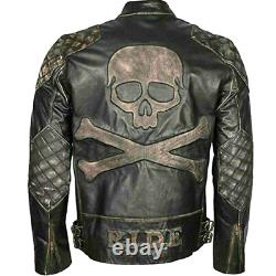 Skull and Bones Distressed Vintage Motorcycle Leather Jacket Free Shipping