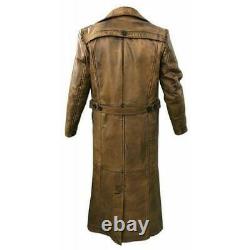 Trench Coat New Men's Sheep Leather Long Jacket Vintage Distressed Brown Coat