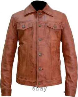 Trucker Jacket Men Distressed Brown Sheepskin Leather Western Cowboy Denim Style