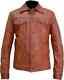 Trucker Jacket Men Distressed Brown Sheepskin Leather Western Cowboy Denim Style