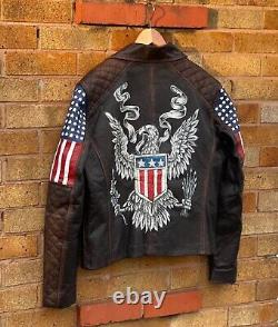 USA Flag Hand-paint Retro Biker (Personalise Your County Flag) Brown Jacket Mens