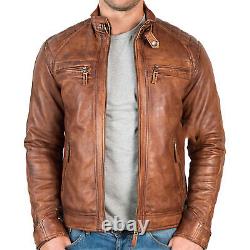 Uk Men's Vintage Distressed Cafe Racer Slim Fit Brown Genuine Leather Jacket