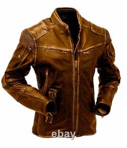 Uk Mens Cafe Racer Waxed Brown Leather Vintage Casual Slim Fit Real Biker Jacket
