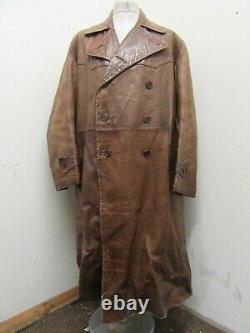 VINTAGE 40's WW2 GERMAN DISTRESSED LEATHER OFFICERS TRENCH COAT JACKET SIZE M