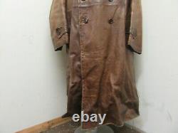 VINTAGE 40's WW2 GERMAN DISTRESSED LEATHER OFFICERS TRENCH COAT JACKET SIZE M