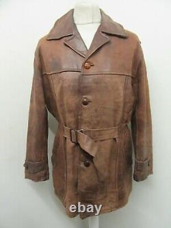 VINTAGE 50's DISTRESSED LEATHER MOTORCYCLE CAR OVERCOAT JACKET SIZE L