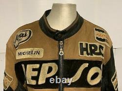 VINTAGE 80's TOP GEAR DISTRESSED LEATHER REPSOL MOTORCYCLE RACING JACKET SIZE L