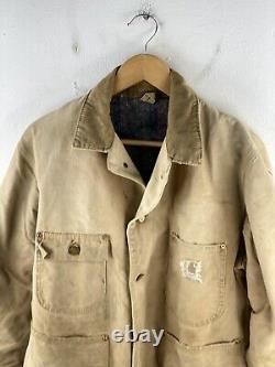 VINTAGE Carhartt Work Wear Button Up Jacket Mens Sze 42 Brown Distressed Pockets