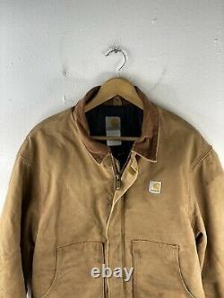 VINTAGE Carhartt Work Wear Zip Jacket Mens Size 46 Brown Distressed Lined Logo