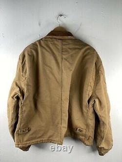 VINTAGE Carhartt Work Wear Zip Jacket Mens Size 46 Brown Distressed Lined Logo