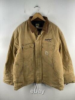 VINTAGE Carhartt Work Wear Zip Jacket Mens Size 4XL Brown Distressed Logo Lined