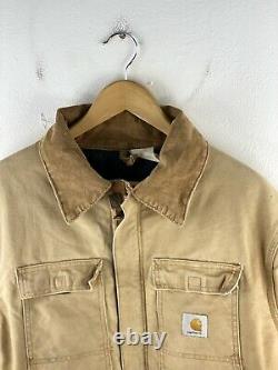VINTAGE Carhartt Work Wear Zip Jacket Mens Size L Brown Distressed Quilt Lined