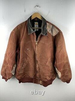 VINTAGE Carhartt Zip Jacket Mens Size XL Brown Distressed Collared Blanket Lined