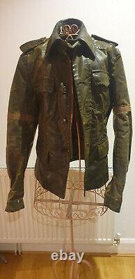 VINTAGE DISTRESSED Dsquared2 Mens Brown Leather Jacket MOTORCYCLE/ Military