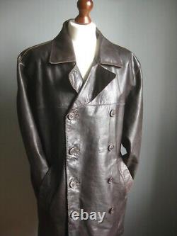 VINTAGE LEATHER COAT 42 MED retro wide collar distressed RED HERRING real trench