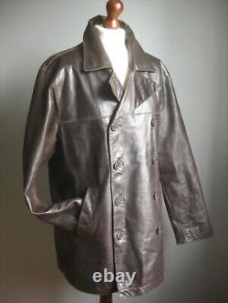 VINTAGE LEATHER COAT 42 MED retro wide collar distressed RED HERRING real trench
