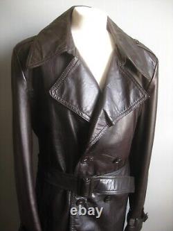 VINTAGE LEATHER TRENCH COAT 40 38 long distressed retro real military soft