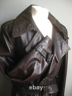 VINTAGE LEATHER TRENCH COAT 40 38 long distressed retro real military soft