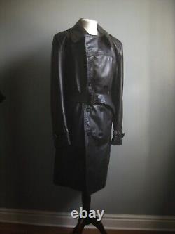 VINTAGE LEATHER TRENCH COAT 40 38 long distressed retro real military soft