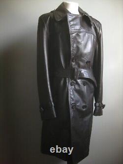 VINTAGE LEATHER TRENCH COAT 40 38 long distressed retro real military soft