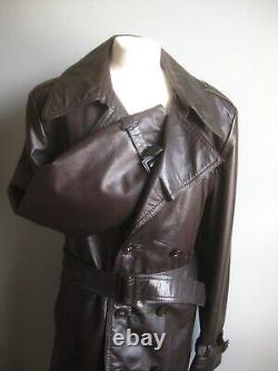 VINTAGE LEATHER TRENCH COAT 40 38 long distressed retro real military soft