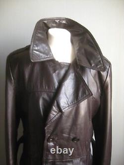 VINTAGE LEATHER TRENCH COAT 40 38 long distressed retro real military soft