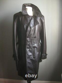 VINTAGE LEATHER TRENCH COAT 40 38 long distressed retro real military soft