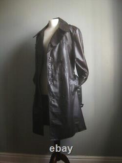 VINTAGE LEATHER TRENCH COAT 40 38 long distressed retro real military soft