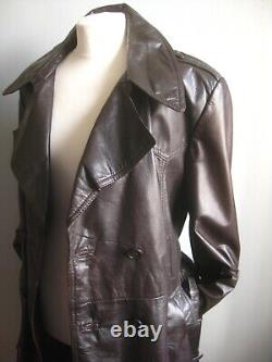 VINTAGE LEATHER TRENCH COAT 40 38 long distressed retro real military soft