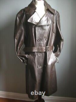 VINTAGE LEATHER TRENCH COAT 42 44 mens retro real long distressed DAVID CONRAD