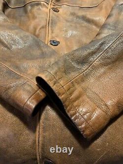 VINTAGE RETRO HEAVY Distressed Brown Eddie Bauer Button Leather Jacket Size XXL