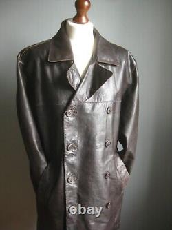 VINTAGE real LEATHER COAT trench 42 MED retro wide collar distressed RED HERRING