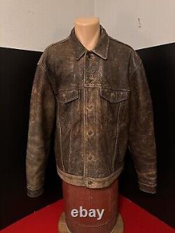 VTG Rare Black Tab Levi Distressed Brown Genuine Leather Trucker Jacket XL, XLNT