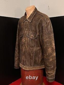 VTG Rare Black Tab Levi Distressed Brown Genuine Leather Trucker Jacket XL, XLNT