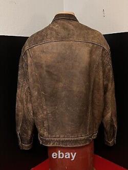 VTG Rare Black Tab Levi Distressed Brown Genuine Leather Trucker Jacket XL, XLNT