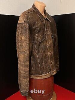 VTG Rare Black Tab Levi Distressed Brown Genuine Leather Trucker Jacket XL, XLNT