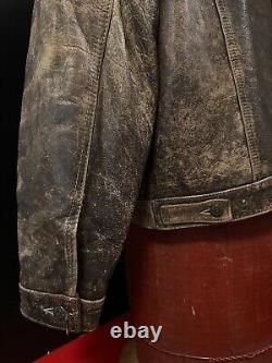 VTG Rare Black Tab Levi Distressed Brown Genuine Leather Trucker Jacket XL, XLNT