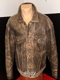 VTG Rare Black Tab Levi Distressed Brown Genuine Leather Trucker Jacket XL, XLNT