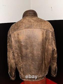 VTG Rare Black Tab Levi Distressed Brown Genuine Leather Trucker Jacket XL, XLNT