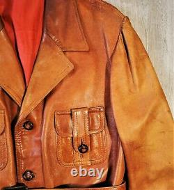 Vintage 30s 40s Belted Brown Leather Jacket Distressed Western Rancher Coat 44