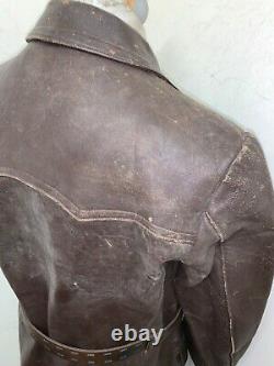 Vintage 40's French Impercuir Gvf Distressed Leather Trench Coat Jacket Size M