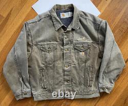 Vintage 80s 90s CARHARTT USA MADE Brown Green Distressed Jean Jacket Size L-XL