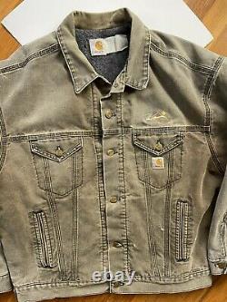 Vintage 80s 90s CARHARTT USA MADE Brown Green Distressed Jean Jacket Size L-XL
