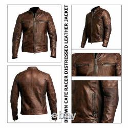 Vintage Cafe Racer Distressed Brown Biker Men's Motorcycle Real Leather Jacket