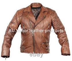 Vintage Classic Diamond Motorcycle Biker Brown Distressed Cow Leather Jackets UK