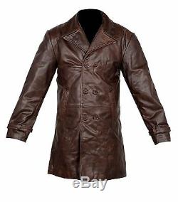 Vintage Men Brown Distressed Cow Hide 100% Real Leather Long Trench Coat Jacket