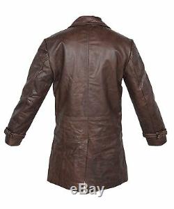 Vintage Men Brown Distressed Cow Hide 100% Real Leather Long Trench Coat Jacket